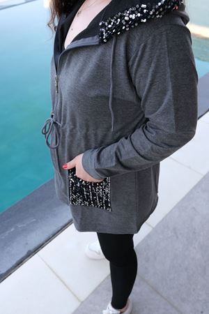 RENKTE BÜYÜK BEDEN İPLİ KAPŞONLU PULLU ANTRASİT CEKET