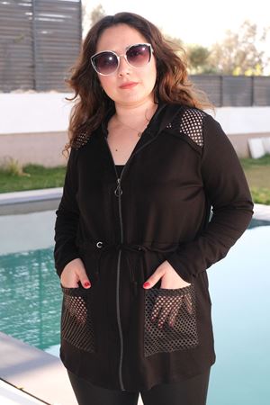 RENKTE BÜYÜK BEDEN FİLE GARNİLİ TÜNELLİ SİYAH CEKET