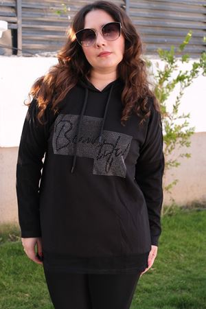 RENKTE BÜYÜK BEDEN KOLU FİLELİ TAŞLI SİYAH SWEAT