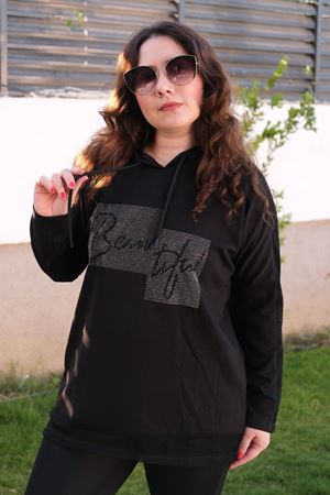 RENKTE BÜYÜK BEDEN KOLU FİLELİ TAŞLI SİYAH SWEAT