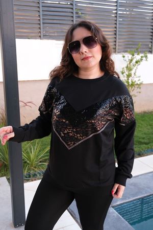 RENKTE BÜYÜK BEDEN LEOPAR TAŞLI DERİLİ SİYAH SWEAT