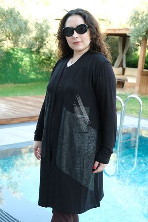 RENKTE BÜYÜK BEDEN TAŞ DETAY SİYAH ESNEK YELEK