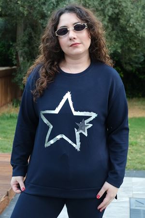 RENKTE BÜYÜK BEDEN YILDIZ BASKILI MODAL KUMAŞ LACİVERT EŞOFMAN TAKIMI