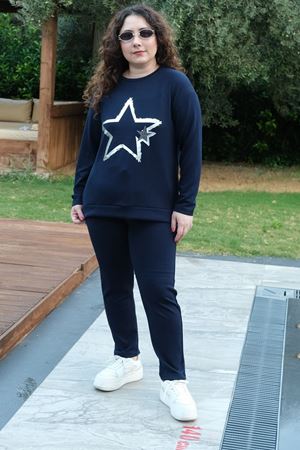 RENKTE BÜYÜK BEDEN YILDIZ BASKILI MODAL KUMAŞ LACİVERT EŞOFMAN TAKIMI