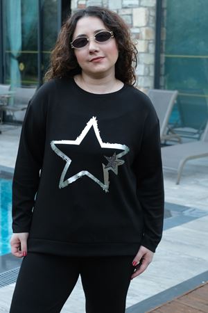 RENKTE BÜYÜK BEDEN YILDIZ BASKILI MODAL KUMAŞ SİYAH EŞOFMAN TAKIMI