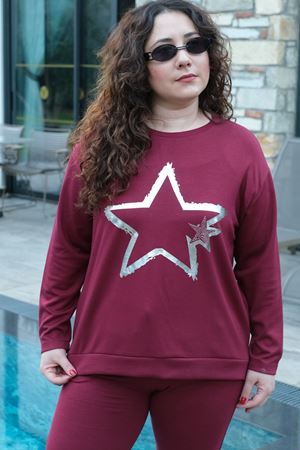 RENKTE BÜYÜK BEDEN YILDIZ BASKILI MODAL KUMAŞ BORDO EŞOFMAN TAKIMI