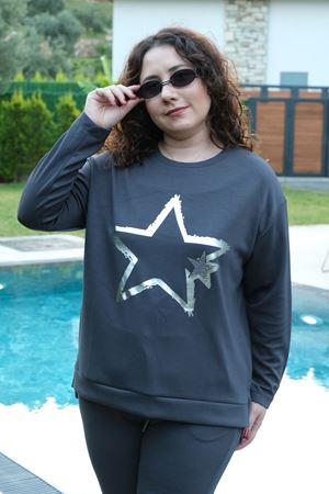 RENKTE BÜYÜK BEDEN YILDIZ BASKILI MODAL KUMAŞ FÜME EŞOFMAN TAKIMI