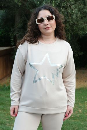 RENKTE BÜYÜK BEDEN YILDIZ BASKILI MODAL KUMAŞ KREM EŞOFMAN TAKIMI