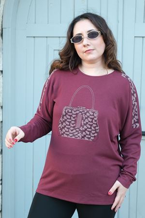 RENKTE BÜYÜK BEDEN ÇANTA TAŞLI BORDO BLUZ