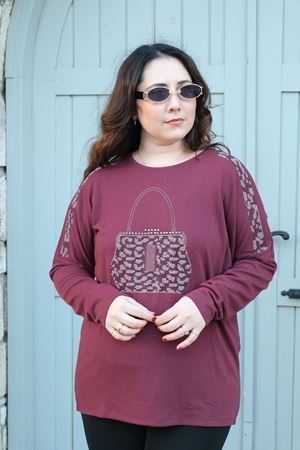 RENKTE BÜYÜK BEDEN ÇANTA TAŞLI BORDO BLUZ