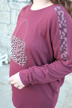 RENKTE BÜYÜK BEDEN ÇANTA TAŞLI BORDO BLUZ