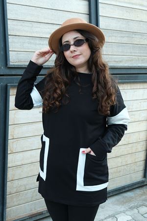 RENKTE BÜYÜK BEDEN CEPLİ SİYAH BEYAZ DETAY SWEAT & BLUZ
