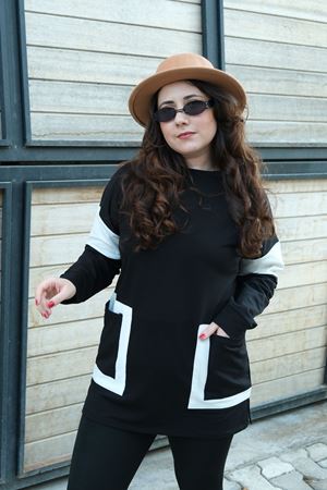 RENKTE BÜYÜK BEDEN CEPLİ SİYAH BEYAZ DETAY SWEAT & BLUZ