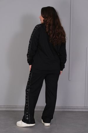 RENKTE BÜYÜK BEDEN KUŞ GÖZÜ DETAY FERMUARLI SİYAH TAKIM