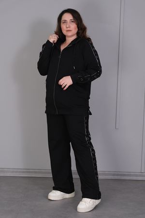 RENKTE BÜYÜK BEDEN KUŞ GÖZÜ DETAY FERMUARLI SİYAH TAKIM