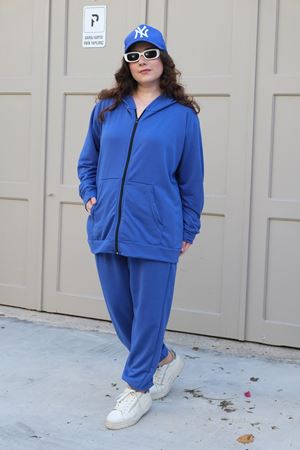 RENKTE BÜYÜK BEDEN ÖZEL ÜRETİM FERMUARLI SAKS MAVİ EŞOFMAN TAKIMI