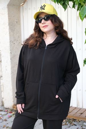 RENKTE BÜYÜK BEDEN ÖZEL ÜRETİM FERMUARLI SİYAH EŞOFMAN TAKIMI