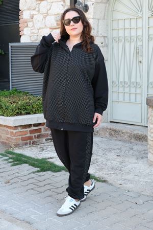 RENKTE BÜYÜK BEDEN ÖZEL ÜRETİM GARNİLİ SİYAH EŞOFMAN TAKIMI