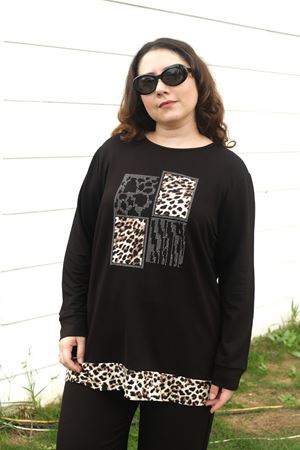 RENKTE BÜYÜK BEDEN LEOPAR DETAYLI SİYAH TAKIM