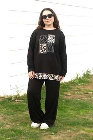 RENKTE BÜYÜK BEDEN LEOPAR DETAYLI SİYAH TAKIM