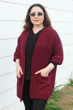 RENKTE BÜYÜK BEDEN BORDO CEPLİ HIRKA & CEKET