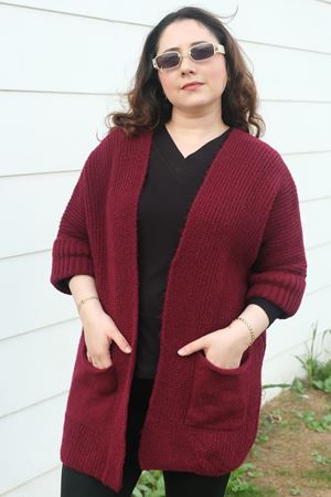 RENKTE BÜYÜK BEDEN BORDO CEPLİ HIRKA & CEKET