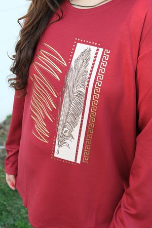 RENKTE BORDO YAPRAK TAŞ İŞLEMELİ TASARIM BLUZ