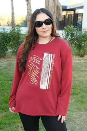 RENKTE BORDO YAPRAK TAŞ İŞLEMELİ TASARIM BLUZ