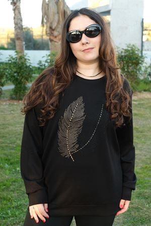 RENKTE SİYAH YAPRAK İŞLEMELİ TASARIM BLUZ