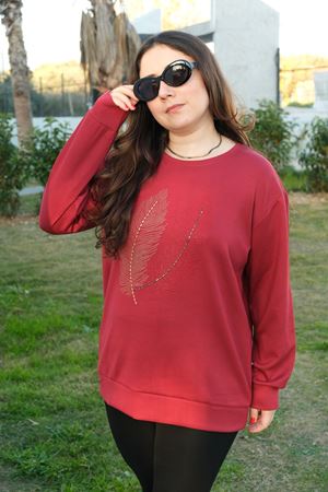 RENKTE BORDO YAPRAK İŞLEMELİ TASARIM BLUZ