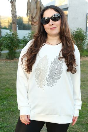 RENKTE BEYAZ YAPRAK İŞLEMELİ TASARIM BLUZ