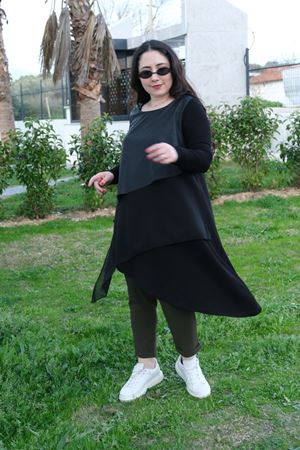 RENKTE GENİŞ KESİM ASİMETRİK DERİ DETAYLI TUNİK