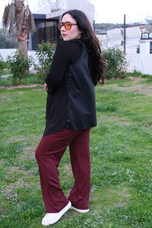 RENKTE GENİŞ KESİM FİLE GARNİLİ DERİ YELEK