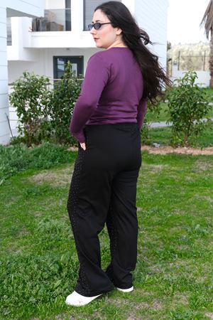 RENKTE BÜYÜK BEDEN TAŞLI MODAL SİYAH EŞOFMAN ALTI