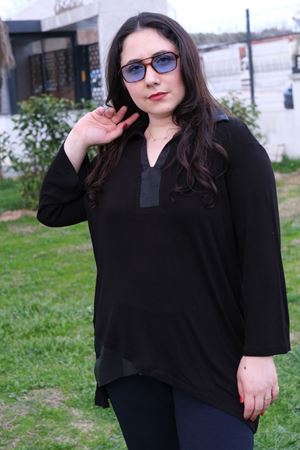 RENKTE GENİŞ KESİM ÖNÜ DERİ GARNİLİ SİYAH TUNİK
