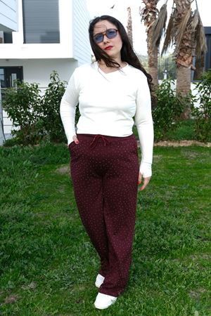 RENKTE BÜYÜK BEDEN TAŞLI MODAL BORDO EŞOFMAN ALTI