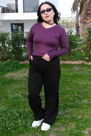 RENKTE BÜYÜK BEDEN TAŞLI MODAL SİYAH EŞOFMAN ALTI