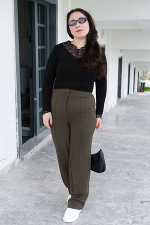 RENKTE ÇİFT DÜĞMELİ TOPARLAYICI ESNEK HAKİ PANTOLON