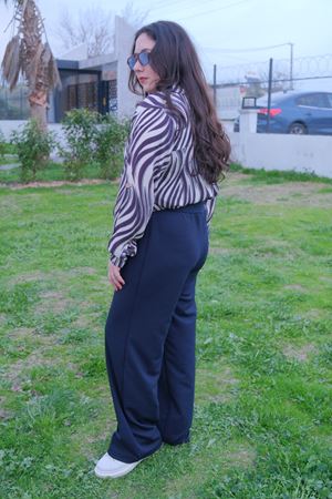 RENKTE TOPARLAYICI BÜYÜK BEDEN LACİVERT PALAZZO PANTOLON