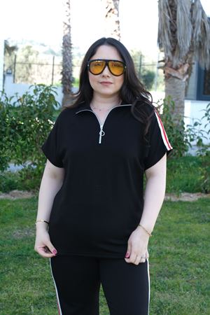 RENKTE BÜYÜK BEDEN FERMUARLI ŞERİTLİ SİYAH ALT ÜST TAKIM