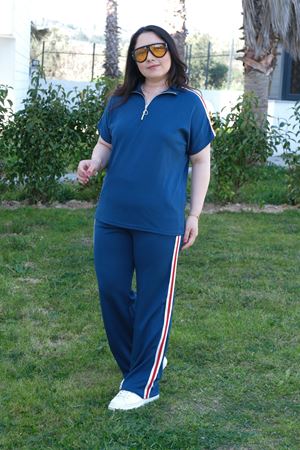 RENKTE BÜYÜK BEDEN FERMUARLI ŞERİTLİ İNDİGO ALT ÜST TAKIM