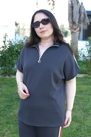 RENKTE BÜYÜK BEDEN FERMUARLI ŞERİTLİ ANTRASİT ALT ÜST TAKIM