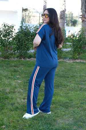 RENKTE BÜYÜK BEDEN FERMUARLI ŞERİTLİ İNDİGO ALT ÜST TAKIM