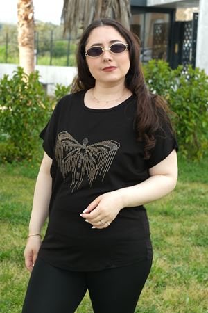 RENKTE BÜYÜK BEDEN YUSUFCUK TAŞLI SİYAH BLUZ