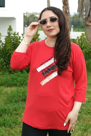 RENKTE BÜYÜK BEDEN ÇAPRAZ PULLU KAPRİ KOL KIRMIZI BLUZ