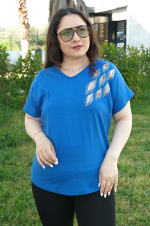 RENKTE BÜYÜK BEDEN TEK OMUZ PUL NAKIŞLI SAKS BLUZ