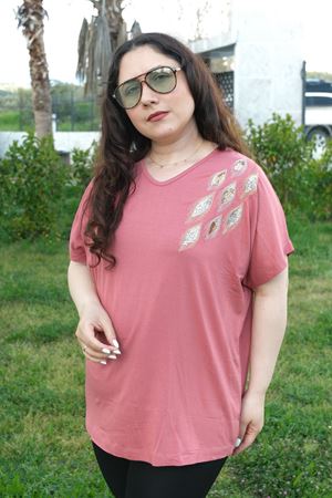 RENKTE BÜYÜK BEDEN TEK OMUZ PUL NAKIŞLI PUDRA BLUZ