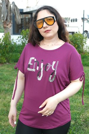 RENKTE BÜYÜK BEDEN ENJOY PULLU NAKIŞLI MOR BLUZ