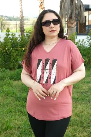 RENKTE BÜYÜK BEDEN V YAKA PULLU YARASA KOL PUDRA BLUZ