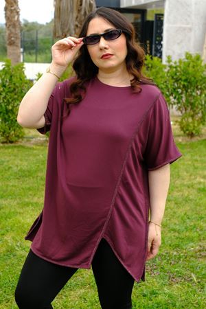 RENKTE GENİŞ KESİM SİMLİ BİYE DETAY VİŞNE BLUZ